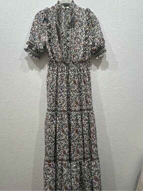 Max Studio Cream Maxi Dress with Brown and Navy Floral Print